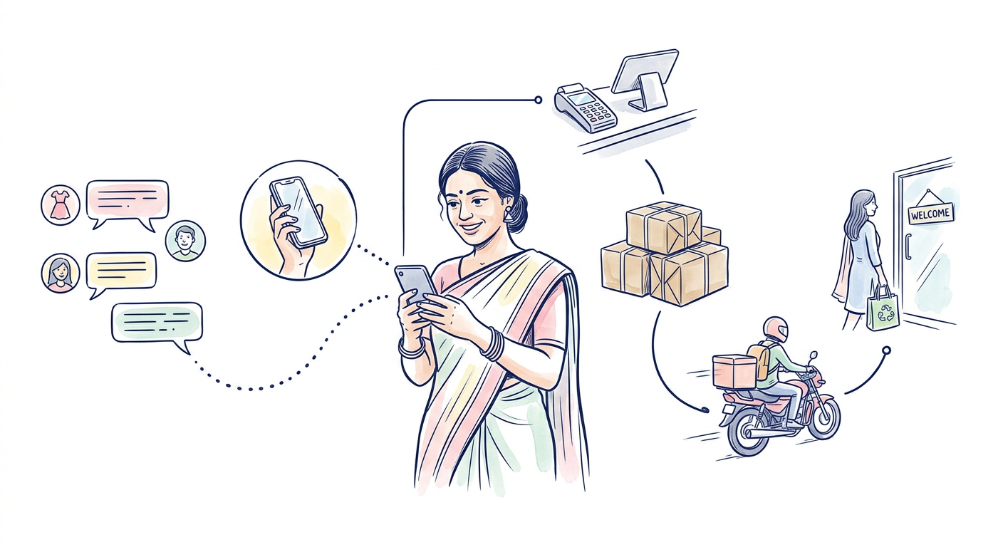 একজন boutique মালিক ফোন হাতে, চারপাশে customer chat, call, POS counter, parcel এবং delivery rider।