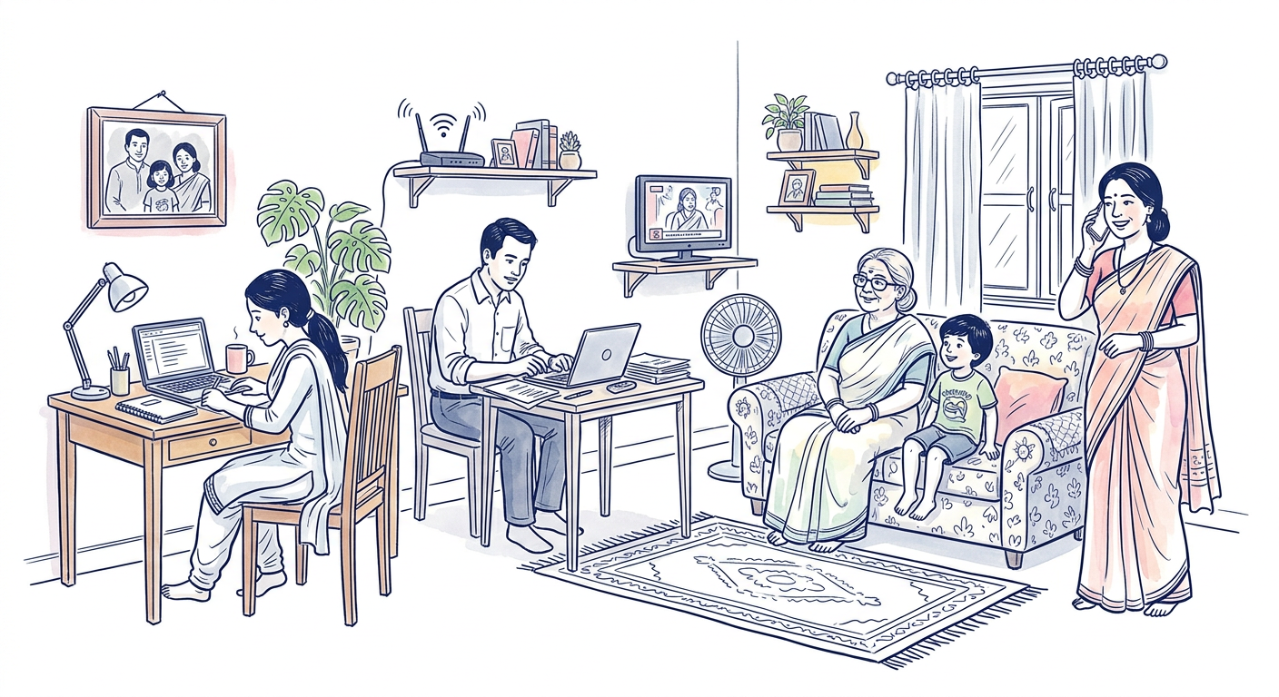 একটি পরিবারের বসার ঘর: মেয়ে laptop-এ পড়ছে, বাবা কাজ করছেন, দাদি ও শিশু TV দেখছে, মা ফোনে কথা বলছেন।