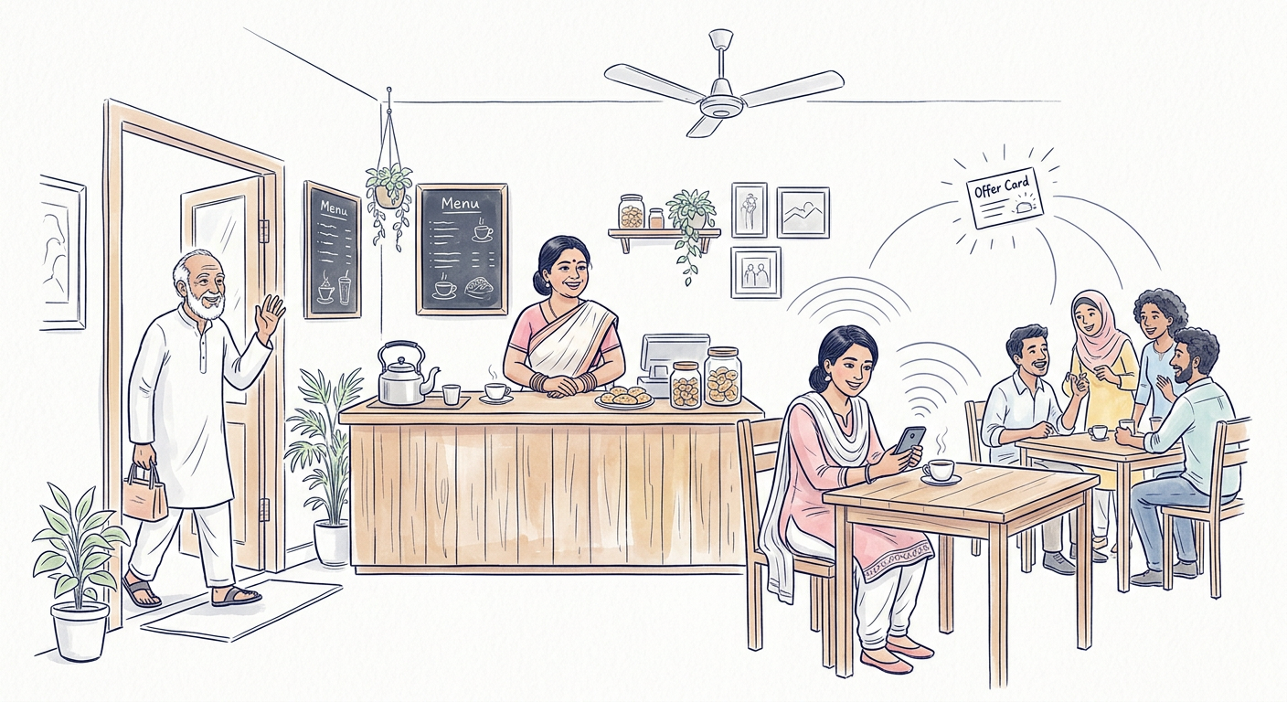 একটি café-তে দোকানি এবং customer, customer ফোনে WiFi connect করছে।